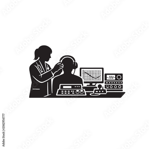 Audio Engineer Adjusting Headphones On Listener In Studio For Sound Recording Concepts
