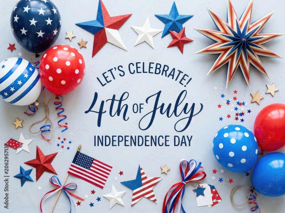 Fototapeta premium Patriotic 4th of july celebration background with balloons and stars