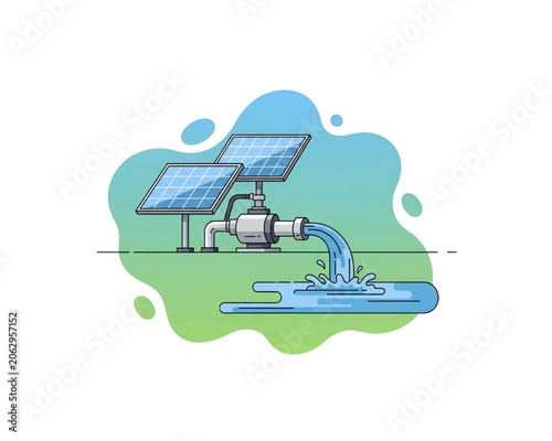 Solar Powered Water Pump with Flowing Pipeline for Agricultural Farming Irrigation, Off Grid Renewable Green Energy Technology Concept, Flat Vector Illustration on transparent background