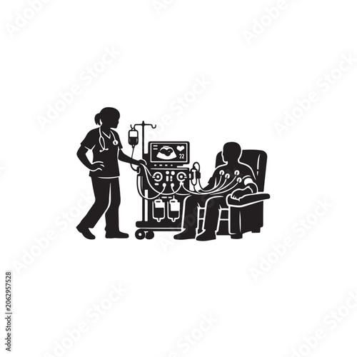Nurse attending patient undergoing dialysis treatment in hospital for healthcare concepts