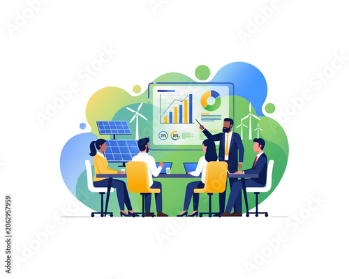Diverse Corporate Team Analyzing Green Renewable Energy ESG Investment Chart Dashboard Presentation with Solar Panels and Wind Turbines, Flat Vector Illustration on transparent background