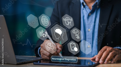 Obraz na plátně Medical professional using laptop for neurological diagnostics with brain health