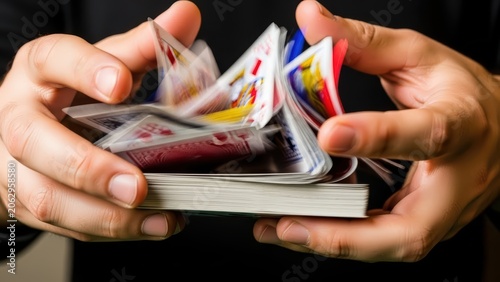 Magician hands mixing deck of playing cards with fast motion.