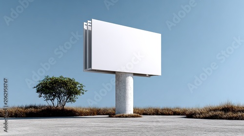 Blank Billboard in Outdoor Setting: An empty billboard stands tall on a concrete pillar, awaiting its next advertisement, set against a clear blue sky and a landscape of dry grass and a lone tree.