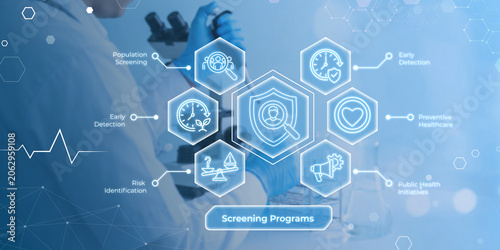 Quadro su tela Modern digital illustration showing healthcare screening programs with icons for