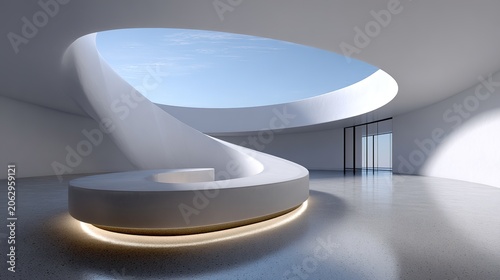Futuristic Lobby Design: A contemporary and minimalist lobby space featuring a striking spiral staircase and a circular skylight, illuminated by soft, ambient light.