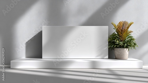 Minimalist Display: A clean, white horizontal canvas rests on a sleek white pedestal, bathed in the soft, dappled light of shadows cast by an unseen window. A small.