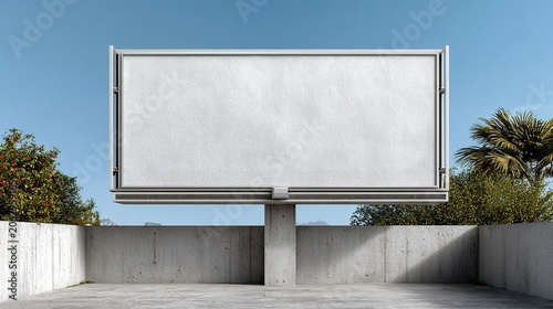 Blank Billboard for Advertising: A large, empty billboard stands ready for your message, framed by a clear blue sky and lush greenery, perfect for outdoor advertising campaigns.