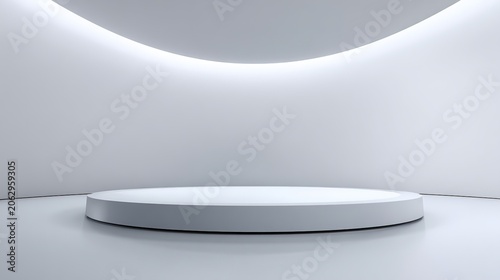Minimalist Podium for Display: A clean, modern podium sits empty under soft, ambient lighting, creating an elegant stage for showcasing products or achievements.