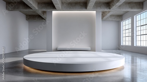 Minimalist Presentation Space: A circular, illuminated podium sits center stage in a modern, industrial-chic loft. With exposed concrete beams, large windows, and stark white walls.