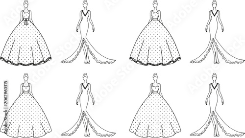 Fotografía Collection of elegant wedding dress sketches featuring ball gowns and mermaid silhouettes for bridal fashion design vector art project templates