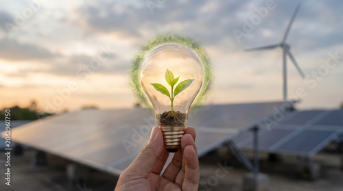 Green Energy Concept with Lightbulb Plant Solar Panels and Wind Turbine