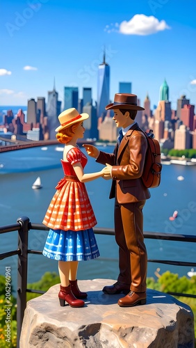 Couple figurines overlooking city