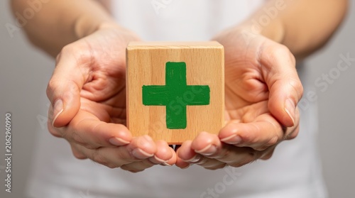 Health and Wellness Concept with Green Cross on Wooden Block