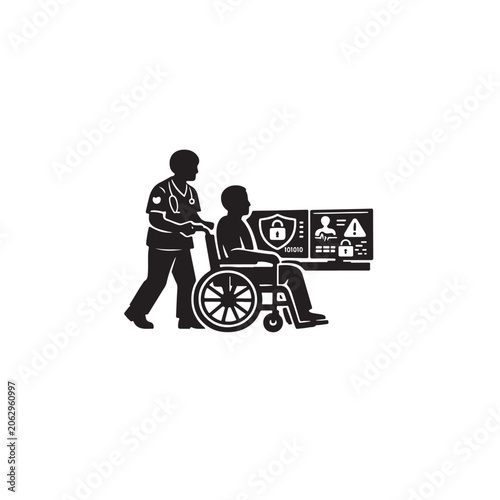 Healthcare worker pushing patient in wheelchair with secure digital interface for medical records and data protection