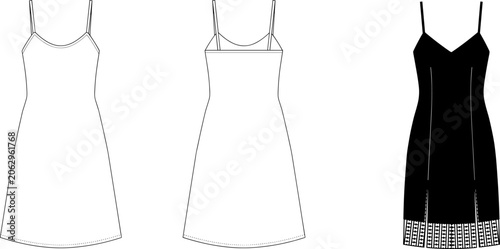 Fotografie Collection of women's camisole dress technical fashion sketches in black and white line art vector style for apparel design projects