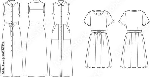 Tableau sur toile Collection of women's technical dress fashion sketches featuring a button-down sleeveless maxi dress and a casual short sleeve dress