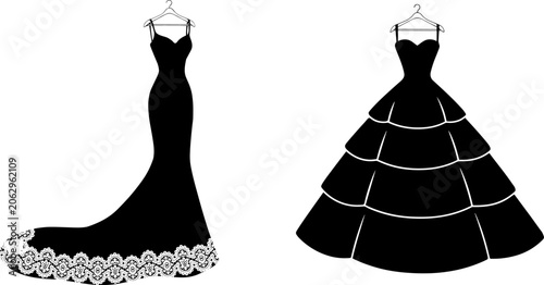 Obraz na płótnie Elegant black bridal gowns with intricate lace details and voluminous silhouettes hanging on hangers, isolated vector fashion icon illustration set