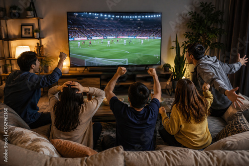 Group of Friends Watching Soccer Match on Big Screen TV in Cozy Living Room at Night, Cheering and Celebrating Goal Together with Excitement at Home.