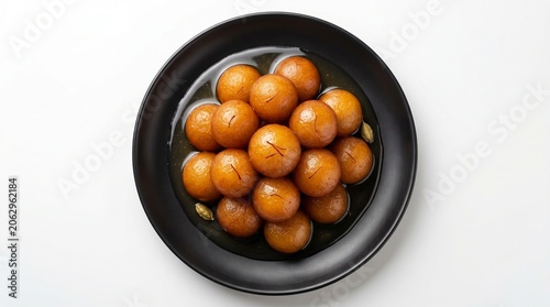 Top-down view of traditional Indian dessert Gulab Jamun soaked in sugar syrup in a black bowl
