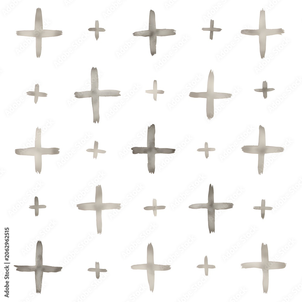 Fototapeta premium Crosses painted in watercolor on white background in artistic pattern