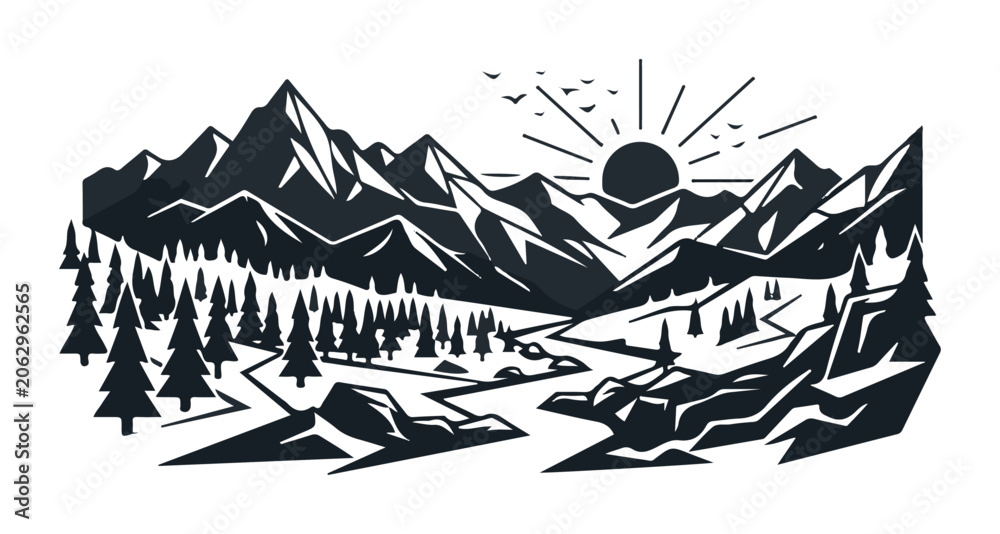 Fototapeta premium Stylized mountain landscape with pine trees and a river at sunrise minimalist vector illustration for outdoor adventure and nature themes