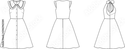 Obraz na plátně Technical fashion sketches of women's dresses with ruffled collars, bow details, and button-front closures in flat vector line art
