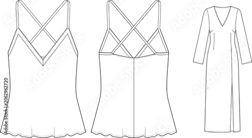 Obraz na płótnie Technical fashion sketches of women's camisole tops with crisscross straps and a long sleeve v-neck dress with side slit