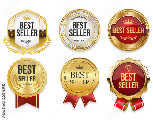 Best seller badge label, gold and silver badge with Stars Decoration, Premium Quality text 