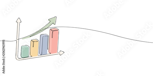 Bar chart with increasing columns and upward arrow in continuous one line style, isolated on a light background. Business growth and financial analytics illustration with copy space.