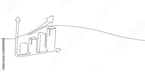 Ascending bar chart with upward arrow in continuous one line drawing style, isolated on a light background. Business growth, financial performance, analytics and market trend concept with copy space.