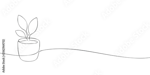 Potted houseplant with broad leaves in a flowerpot illustrated in continuous one line drawing style, isolated on a light background. Indoor plant care, home decoration and gardening concept.