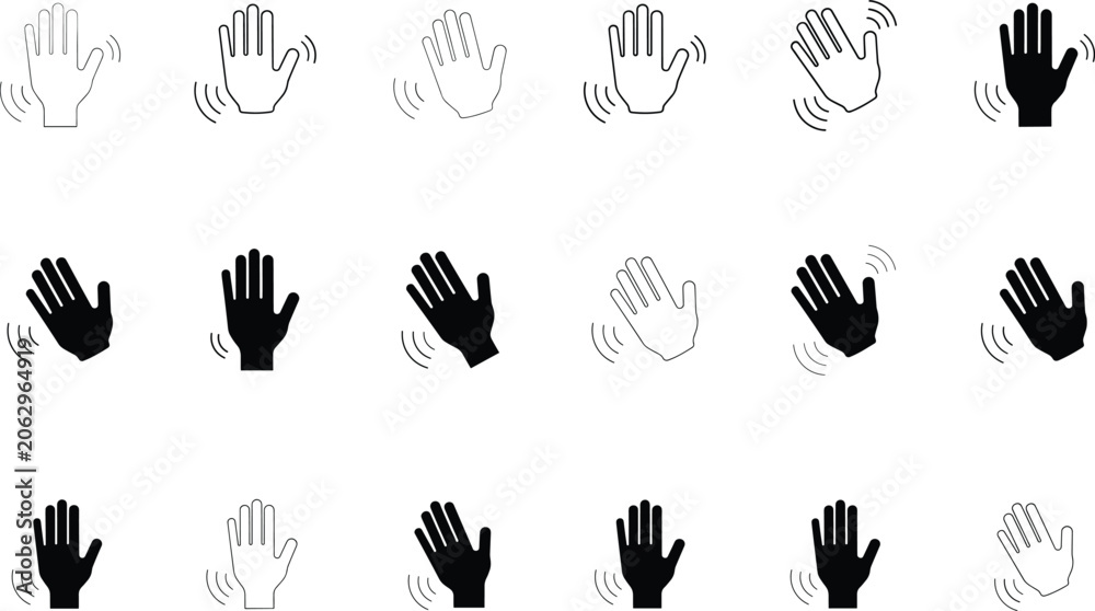 Fototapeta premium Waving hand icon vector set featuring greeting gesture symbols in linear and solid styles for communication graphic design element.