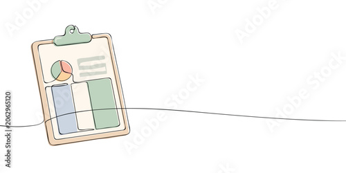 Clipboard displaying pie chart and bar chart report in continuous one line drawing style, isolated on a light background. Business analytics, data visualization and financial reporting concept.