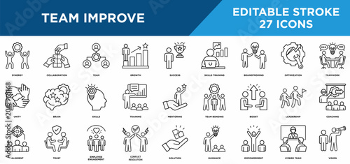 Cuadro en lienzo Team improve line icons set with synergy, collaboration, team, growth, success, skills training, and brainstorming concepts