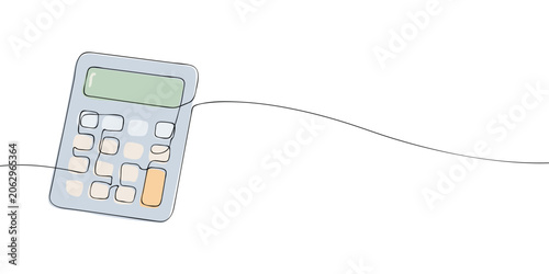 Calculator with display and numeric keypad illustrated in continuous one line drawing style, isolated on a light background. Accounting, budgeting, financial calculation and bookkeeping concept.