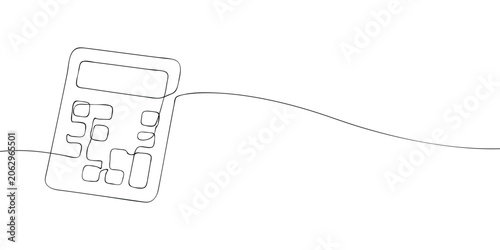 Calculator with display and buttons drawn in continuous one line style on a light background. Financial calculations, accounting tasks and budgeting concept.