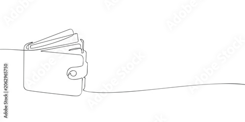Wallet with folded banknotes and payment cards drawn in continuous one line style on a light background. Personal finance, cash storage, spending and budgeting concept.