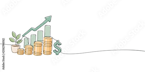 Stacks of coins with growing bar chart, upward arrow, dollar symbol and plant illustrated in continuous one line drawing style. Investment growth, savings, profit and financial success concept.