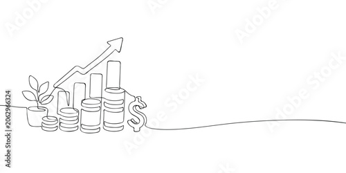 Growing bar chart with stacked coins, upward arrow, dollar symbol and small plant drawn in continuous one line style. Investment growth, profit increase, savings and business finance concept.