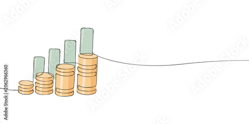 Stacked gold coins with ascending bar chart columns arranged in increasing order, illustrating financial growth, investment performance, savings accumulation and business analytics.