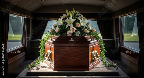 Wooden casket with floral arrangement inside a funeral hearse. Transport of deceased in vehicle for burial service. Concept of mourning, loss, final goodbye, memorial and cemetery.
