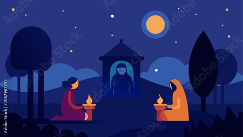 Photography People praying at night near a shrine lit
