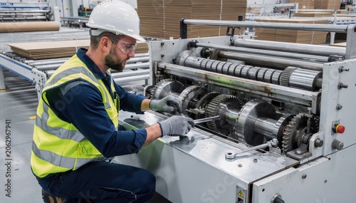 Maintenance worker inspects and finetunes slitterscorer components ensuring smooth operation and minimizing downtime during packaging line transitions.