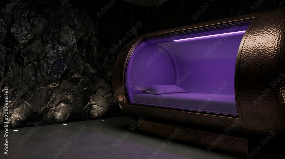 Obraz premium A futuristic purple pod sits on a dark floor in a dimly lit room with a textured wall and metallic appearance with technology.