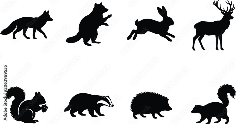 Obraz premium Vector silhouettes of woodland animals including fox, raccoon, rabbit, deer, squirrel, badger, hedgehog, and skunk designs