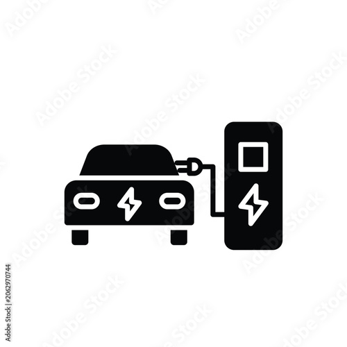 EV Charging icon. Green technology. Electric car with charger. automation, technology. Flat design style.