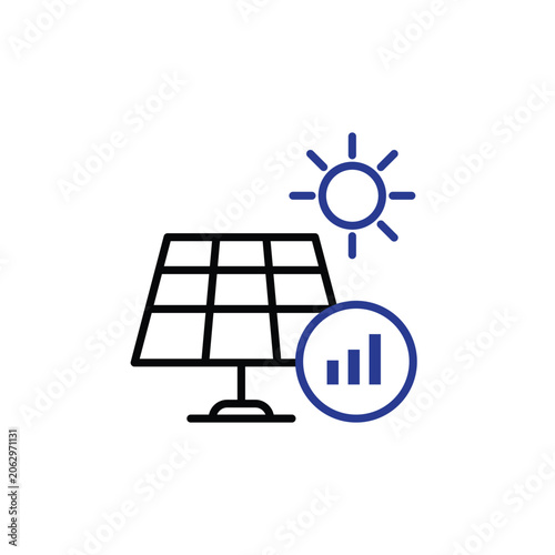 Solar Monitoring icon. Green technology. Solar panels with graphs. Digital, automation, technology. Outline design style.