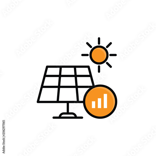 Solar Monitoring icon. Green technology. Solar panels with graphs. Digital, automation, technology. Mixed design style.