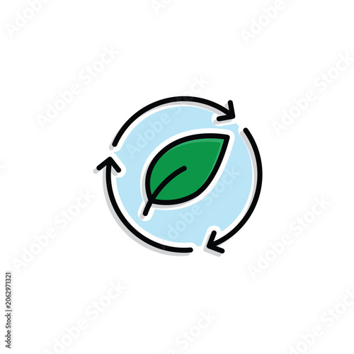 Circular Economy icon. A circular arrow with a leaf in the center. Digital, automation, technology. Mixed design style.